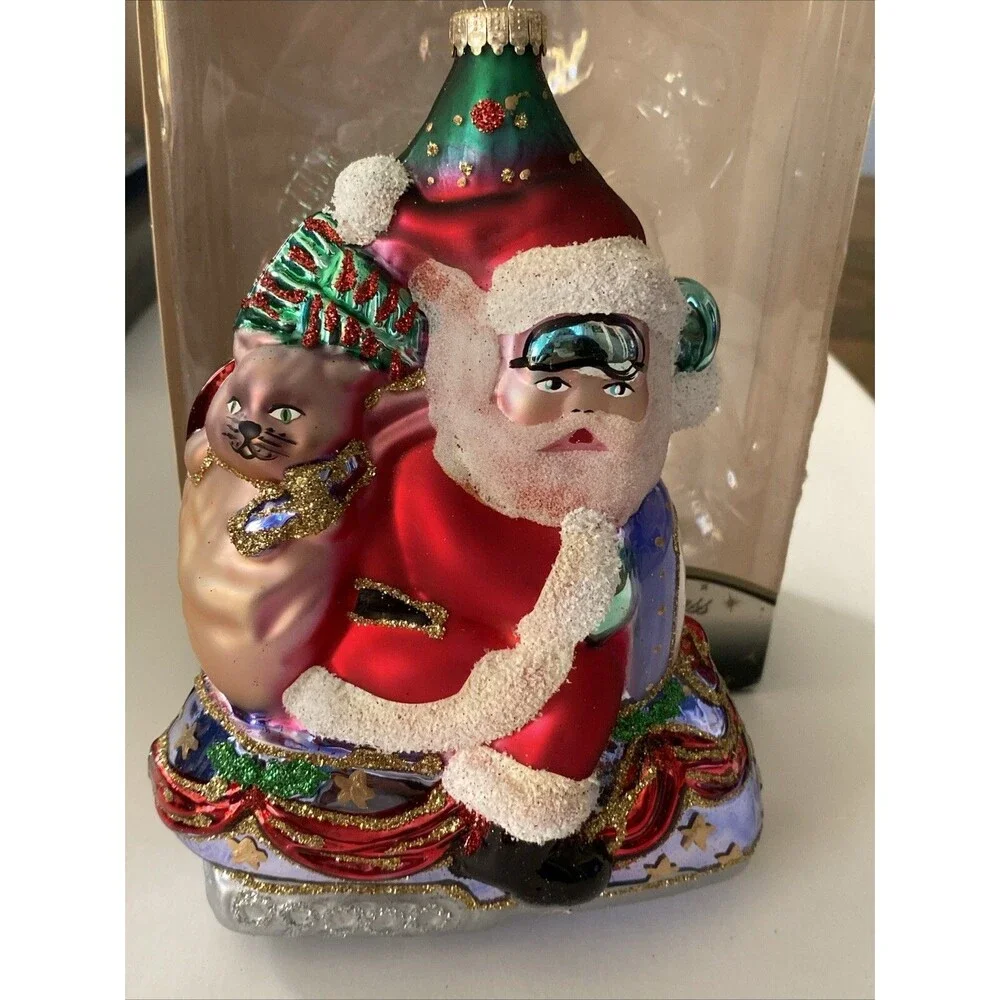 KREBS Lauscha Glas Santa On Snowmobile With Cat Christmas Ornament Original Box